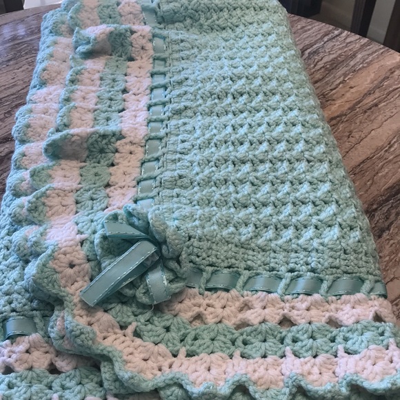 Mint Green Hand Crocheted Baby Blanket Ribbons Bows Crocheted Rosette - Picture 4 of 7